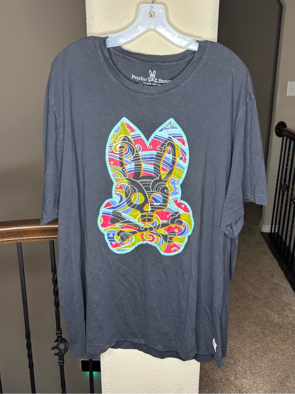 Psycho Bunny Black Tee with Multicolor Psychedelic Bunny Graphic Size 3XL